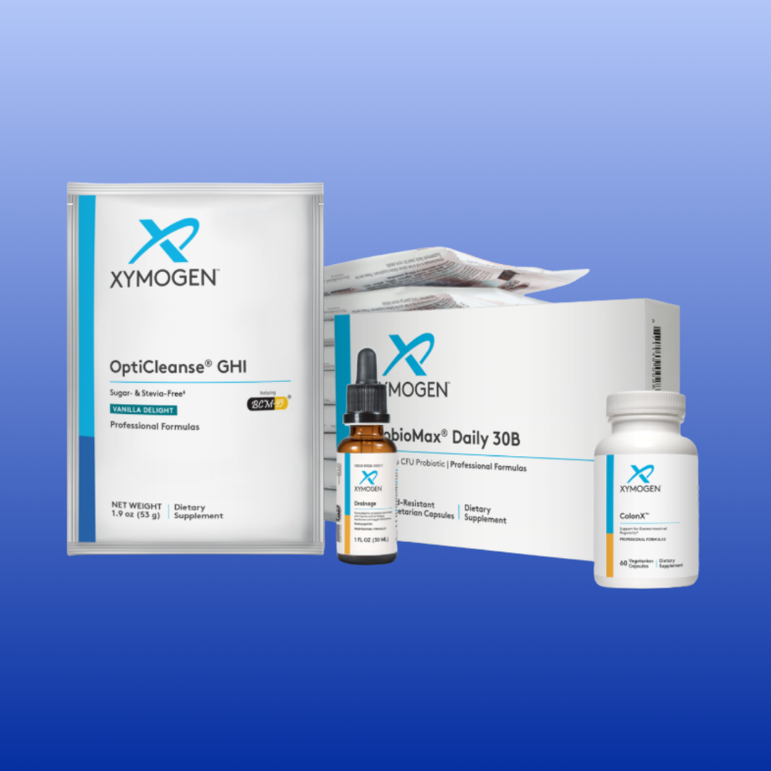 XYMOGEN 6 Day Detox Kit featuring OptiCleanse GHI, ProbioMax Daily, Drainage dropper, and ColonX supplement bottles and packaging