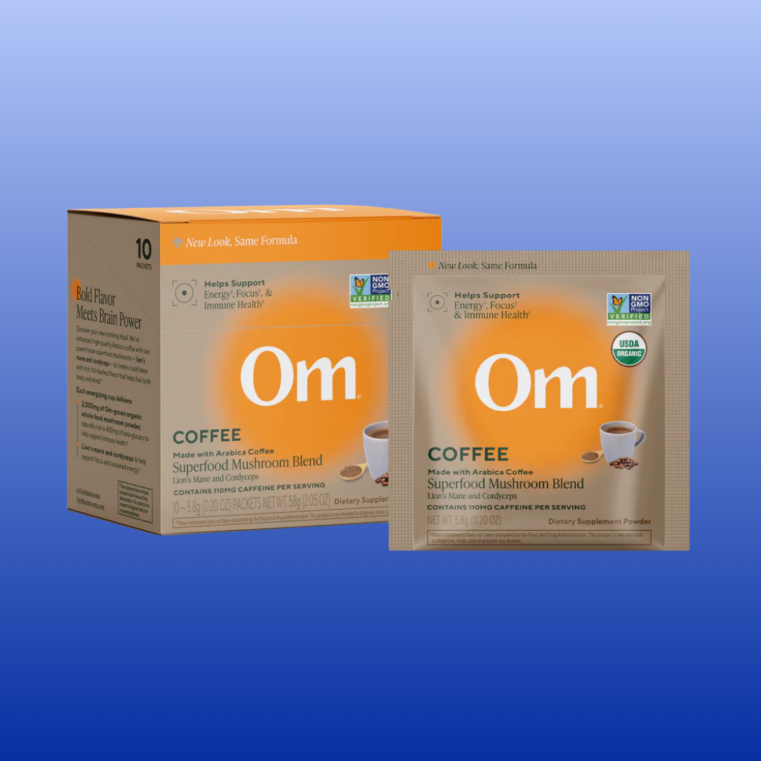 Om coffee package with a blue background
