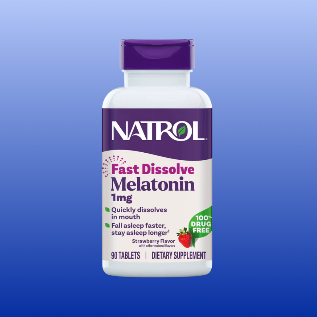 Natrol Fast Dissolve Melatonin supplement bottle on a blue background