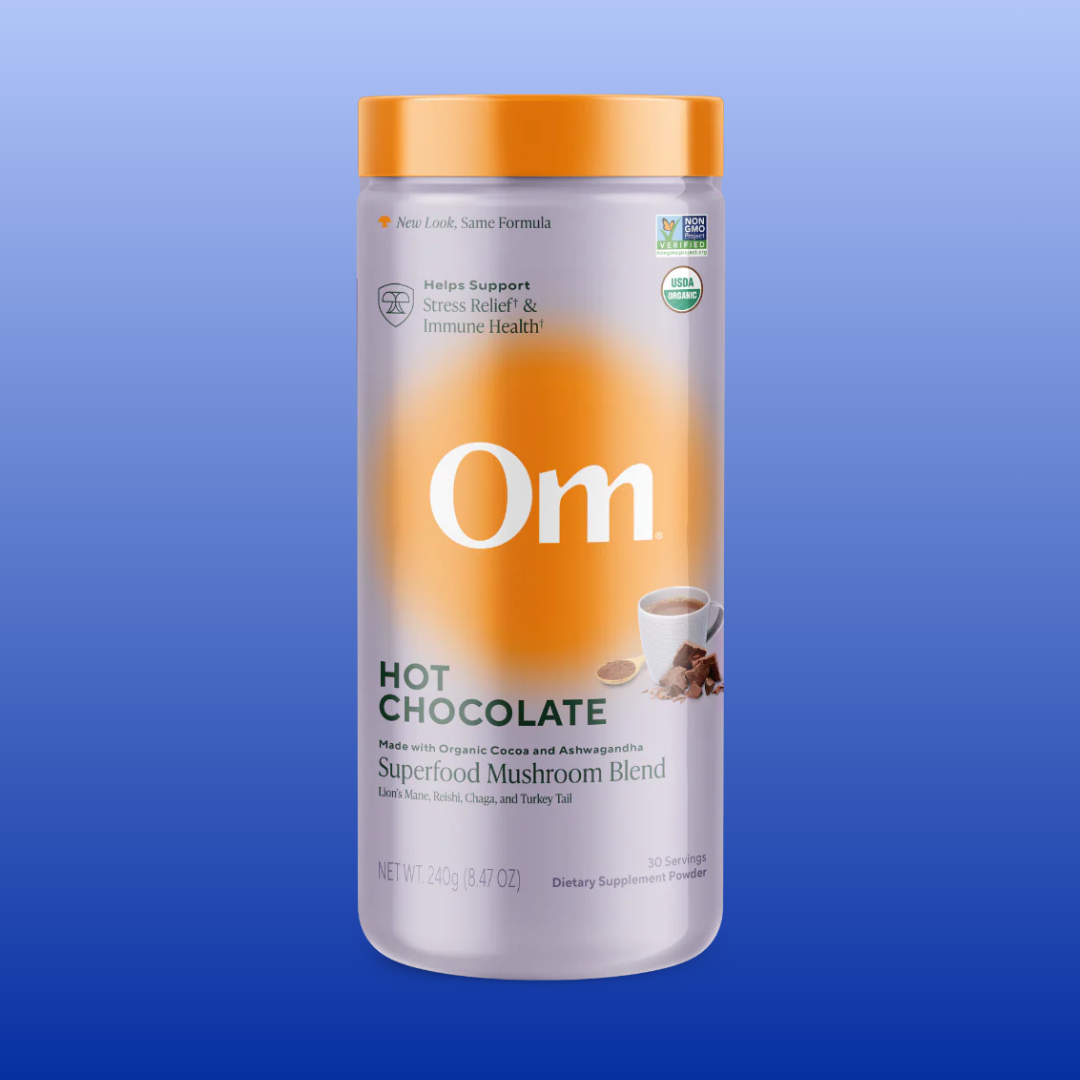 Om Hot Chocolate supplement container on a blue background
