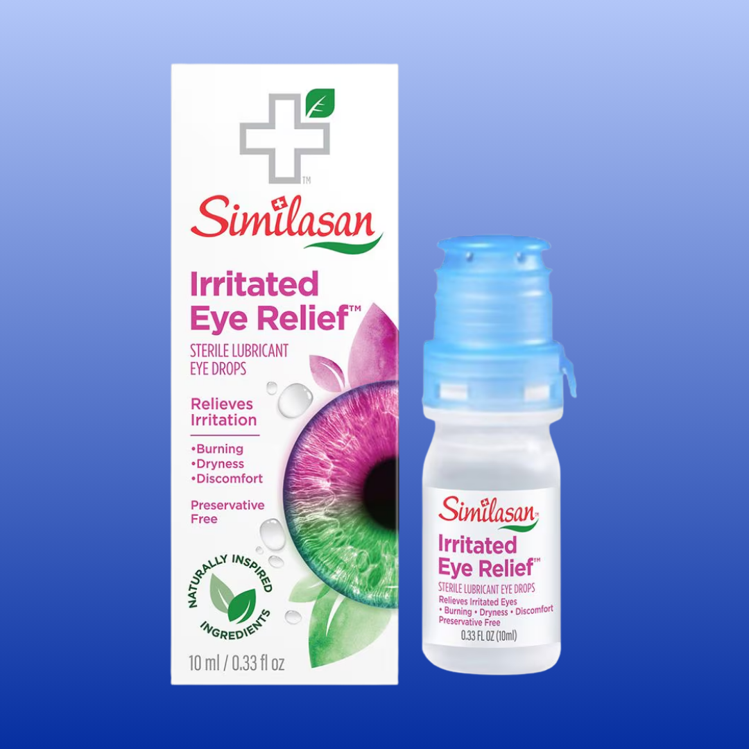Similasan Irritated Eye Relief sterile lubricant eye drops shown with its white and pink retail box and the clear bottle with a blue cap on a blue gradient background.