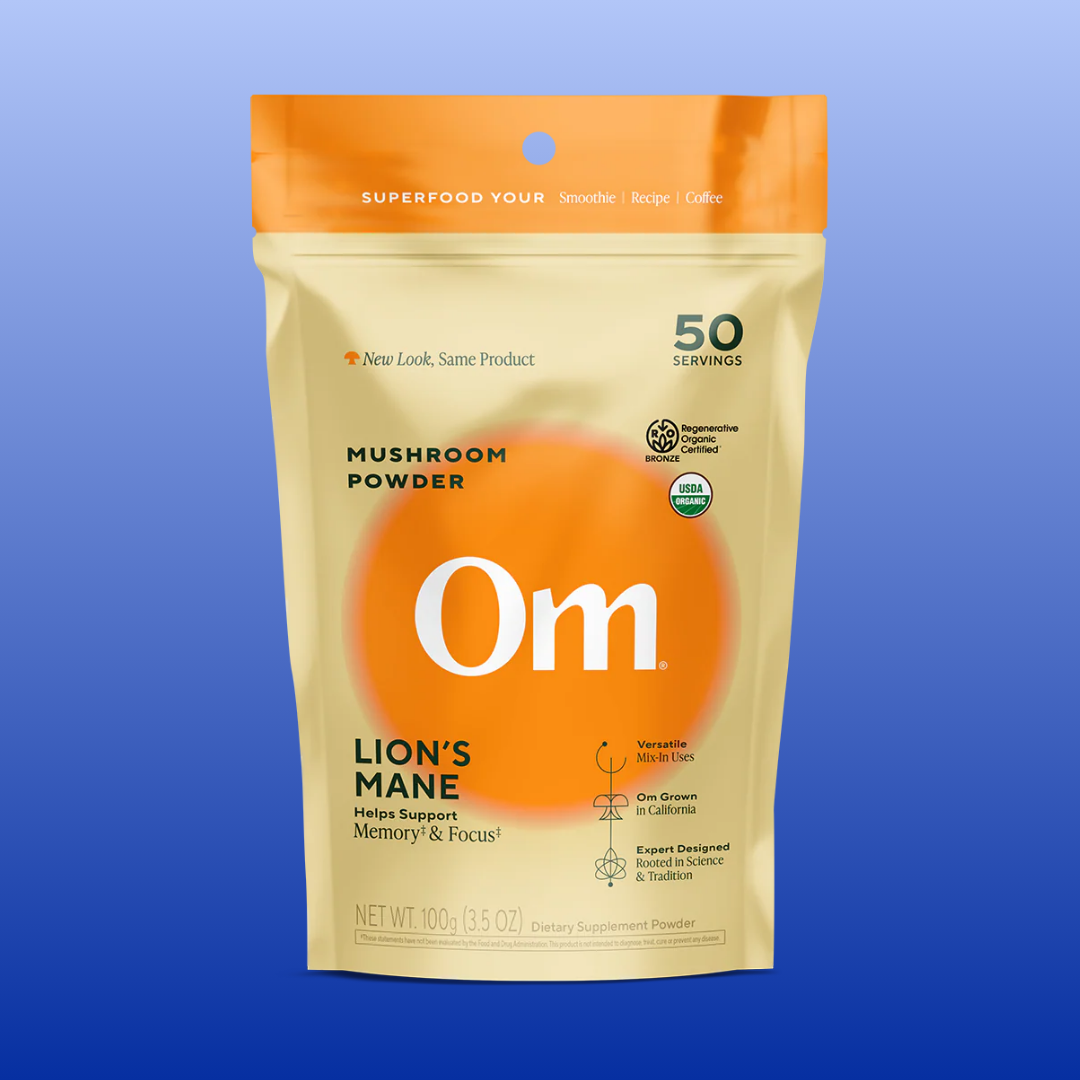 Package of Om Lion's Mane mushroom powder on a blue background
