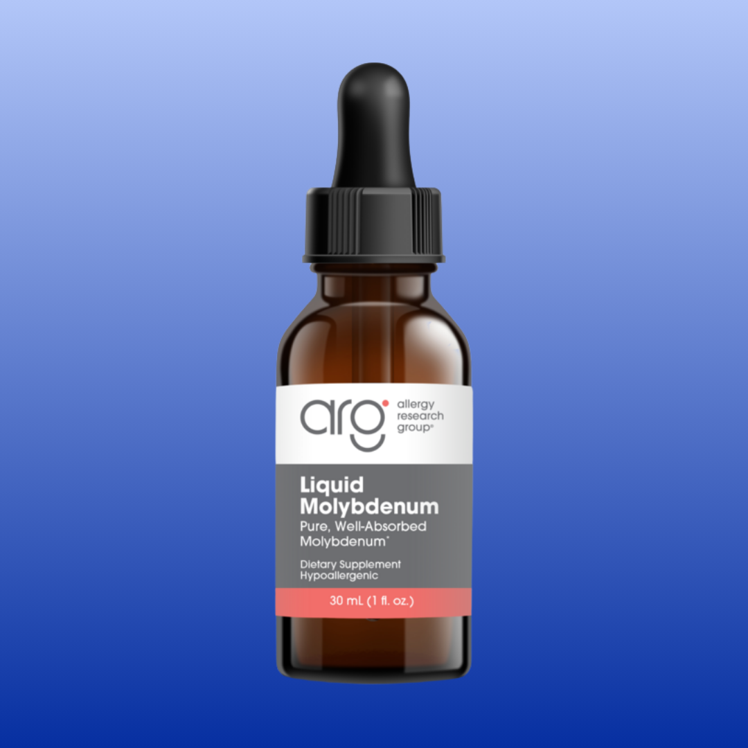 Liquid molybdenum dietary supplement in glass bottle with dropper