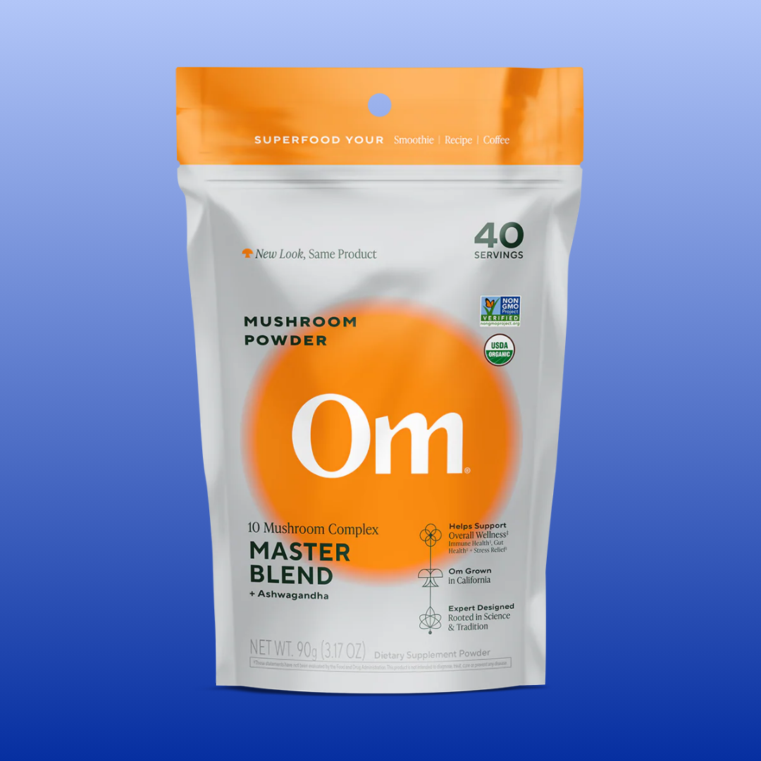 Om mushroom powder package on a blue background