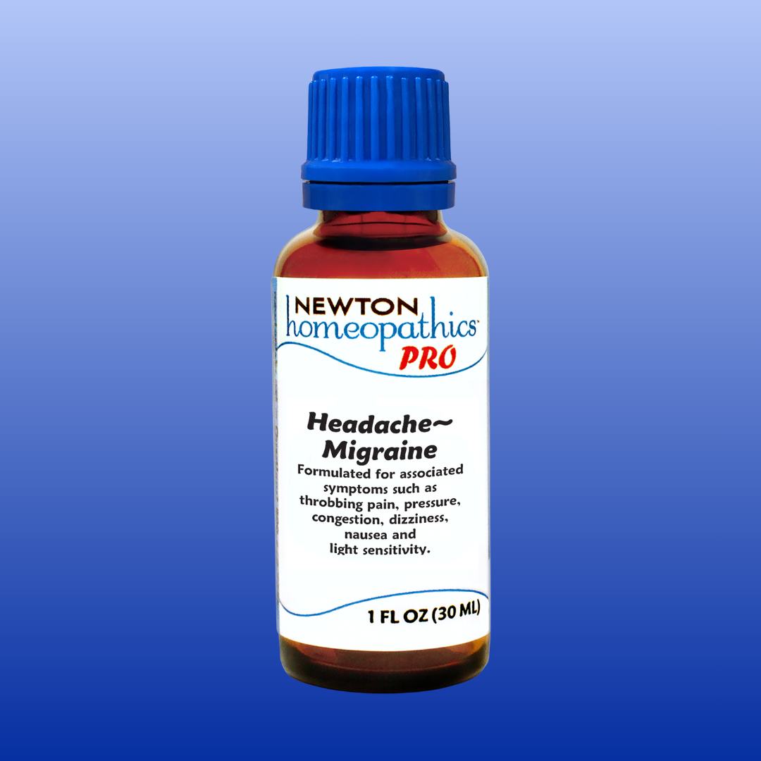 Bottle of Newton Homeopathics Pro Headache-Migraine remedy on a blue background