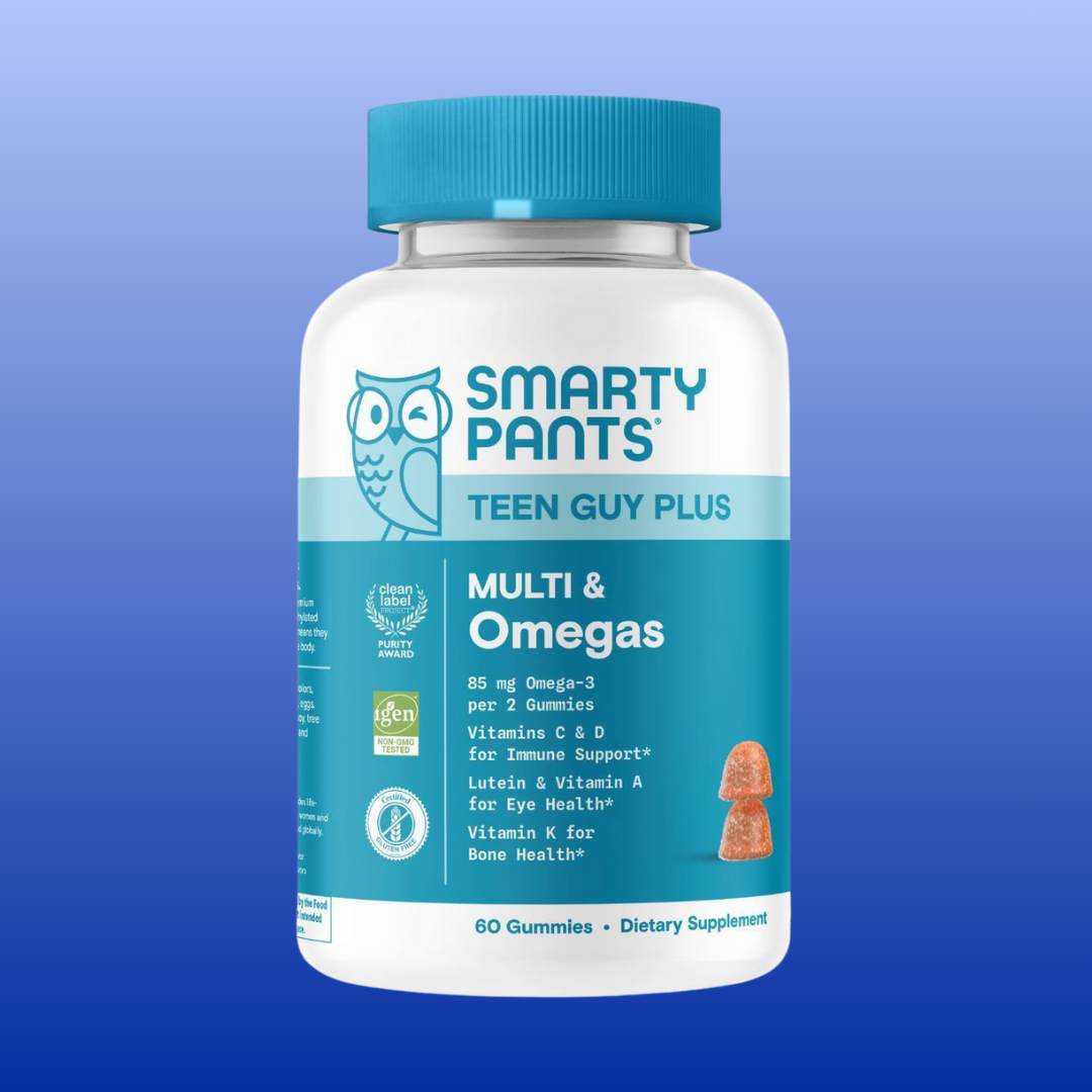 SmartyPants Teen Guy Plus multivitamin bottle with 60 gummies supporting growth, vitamins, and omega-3s for teens.