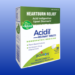 Box of Acidil 60 homeopathic meltaway tablets by Boiron for digestives upport