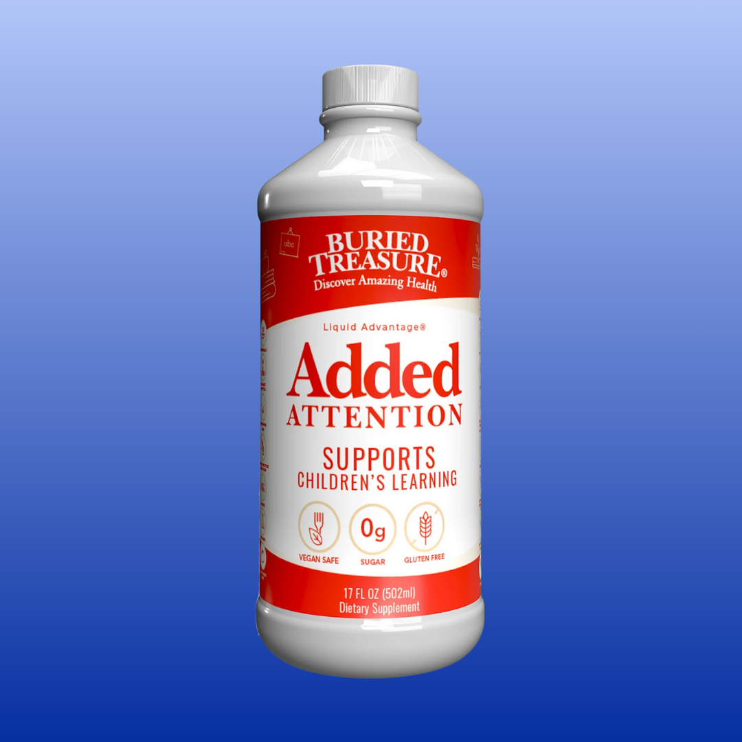Bottle of Buried Treasure Added Attention supplement on a blue background