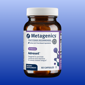 Metagenics Adreset 60 capsules supplement for resilience and stamina with adaptogenic herbs in amber bottle
