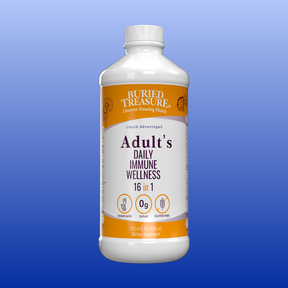 Bottle of Buried Treasure Adult’s Daily Immune Wellness supplement, 16 oz, sugar-free, vegan, gluten-free immune support.