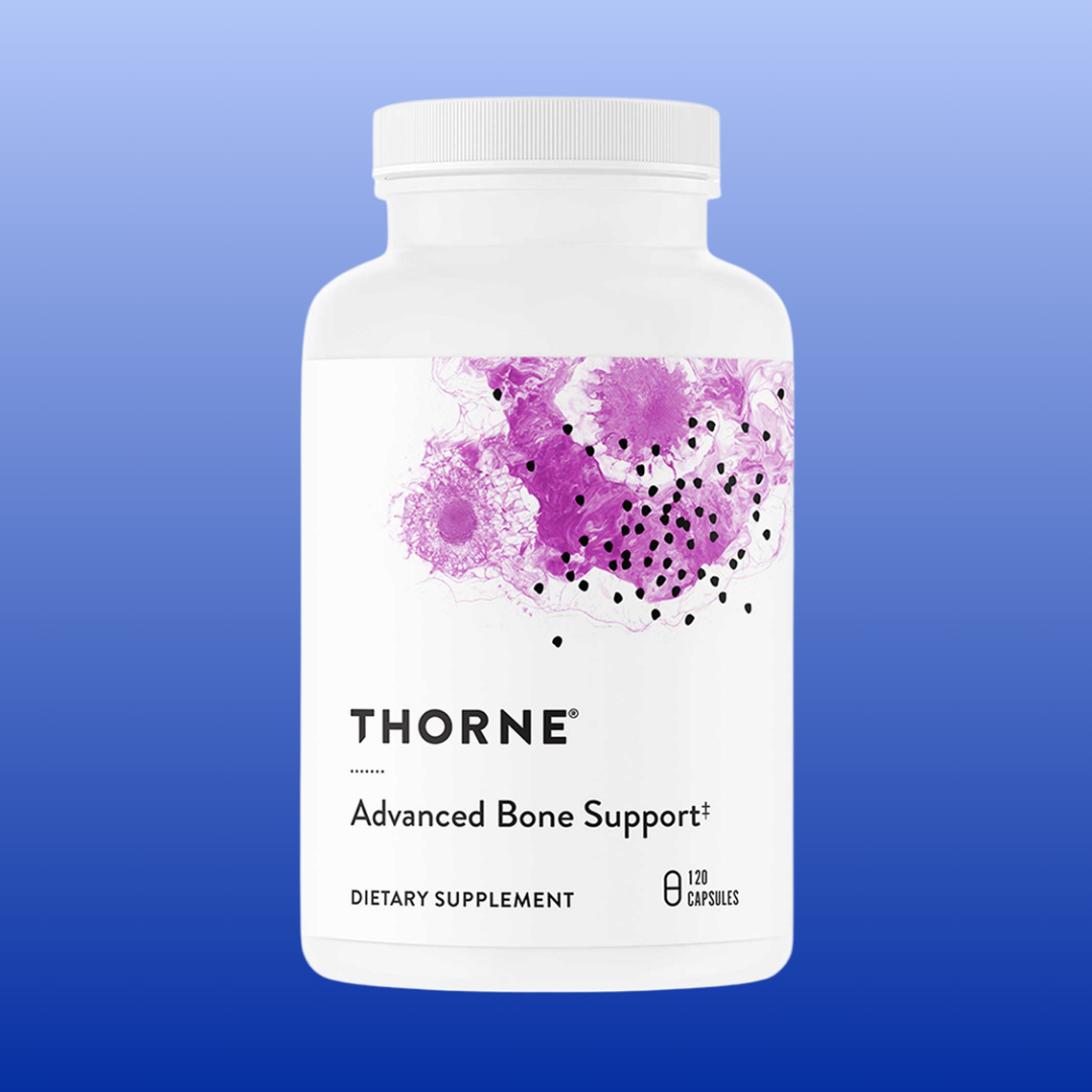 Thorne Advanced Bone Support dietary supplement bottle on a blue background