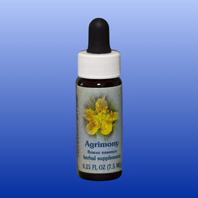 Agrimony flower essence 0.25 oz herbal supplement bottle with yellow flower on label against blue background
