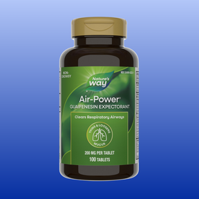 Bottle of Nature's Way Air-Power Guaifenesin expectorant with 100 tablets supplement on a blue background