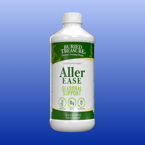 Bottle of Buried Treasure Aller Ease Seasonal Support liquid supplement for allergy relief, vegan, sugar and gluten free