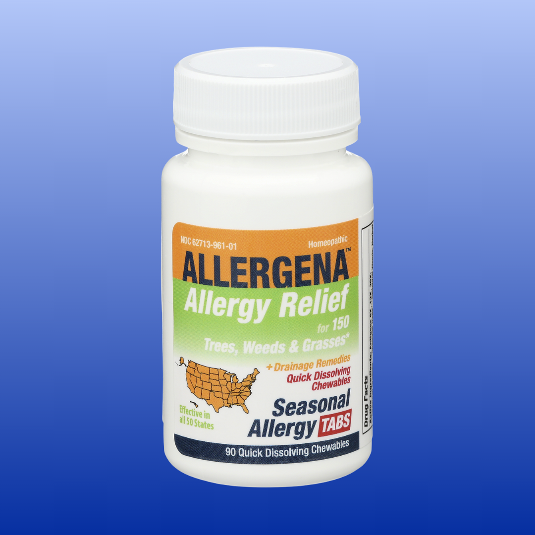 Allergena allergy relief tablet bottle on a blue background