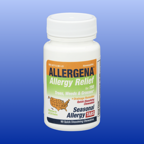 Allergena allergy relief tablet bottle on a blue background