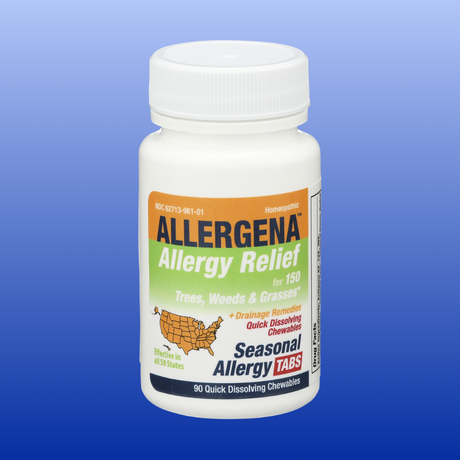 Allergena allergy relief tablet bottle on a blue background