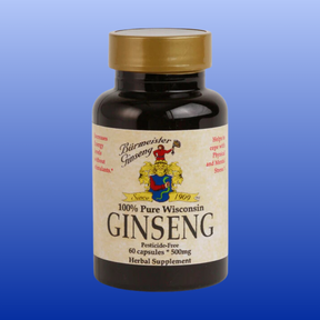 Bottle of Burmeister American Ginseng 500 mg with 60 pesticide-free capsules herbal supplement on blue background