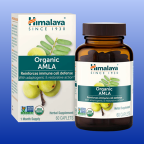 Himalaya Organic Amla 60 caplets bottle and box for immune support with adaptogenic and antioxidant benefits