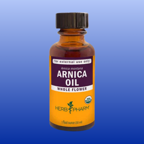Herb Pharm Arnica Oil 1 oz bottle with whole flower extract for external use, muscle pain, bruising, and massage relief