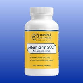 Bottle of Artemisinin SOD dietary supplement by Researched Nutritionals with 120 capsules on a blue background