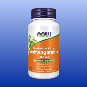 Bottle of NOW Ashwagandha 450 mg standardized extract with 90 vegetarian capsules for immune and stress support