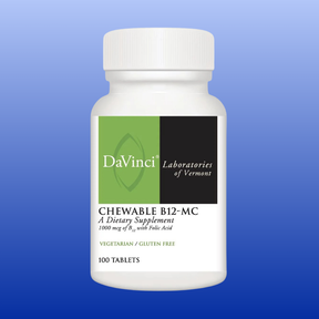 DaVinci Chewable B12-MC dietary supplement bottle with 100 tablets, vitamin B12 and folic acid, gluten free, vegetarian