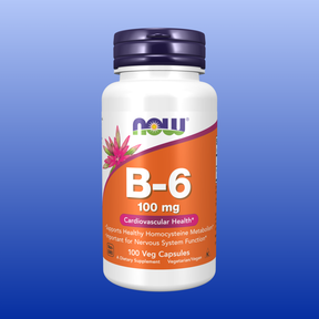 Bottle of NOW B-6 100mg vitamin supplement with 100 vegetarian capsules for cardiovascular and nervous health.