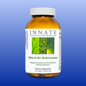 Innate Baby & Me Multivitamin bottle with 120 tablets for prenatal nutrition and pregnancy support on blue background