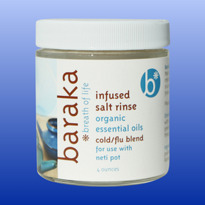 Glass jar of Baraka infused salt rinse with organic essential oils for cold and flu relief, 4 ounces.
