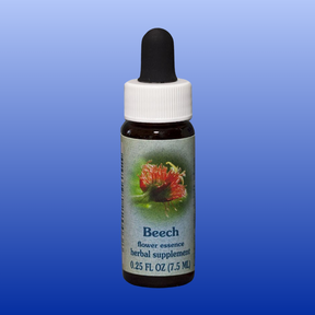 Beech Flower Essence herbal supplement bottle 0.25 oz with red flower image and dropper cap on blue background