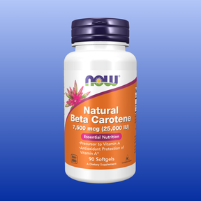 Bottle of Now Natural Beta Carotene 7500 mcg 25,000 IU 90 softgels dietary supplement vitamins