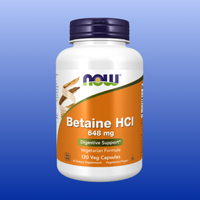 Bottle of NOW Betaine HCl 648 mg capsules for digestive support, vegetarian formula with 120 capsules inside