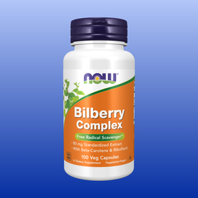 Bottle of NOW Bilberry Complex dietary supplement with 100 vegetarian capsules for vascular support and free radical scavenging