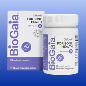 BioGaia Osfortis with Vitamin D probiotic supplement for bone health 60 vegan capsules in white and purple packaging