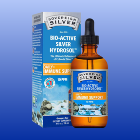 Sovereign Silver Bio-Active Silver Hydrosol 10 PPM 4 oz bottle with immune support dietary supplement packaging.