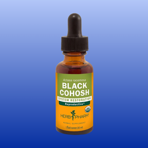 Herbal tincture bottle of Black Cohosh 1 oz by Herb Pharm for women's reproductive health system restoration.