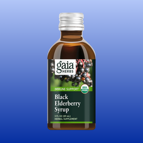 Gaia Herbs Black Elderberry Syrup organic herbal supplement for immune support in a 3 oz brown glass bottle