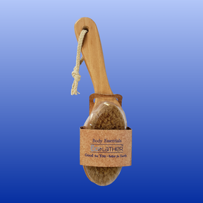 Body brush with genuine boar bristles and ergonomic contoured pine wood handle, 10 inches long for self-brushing.