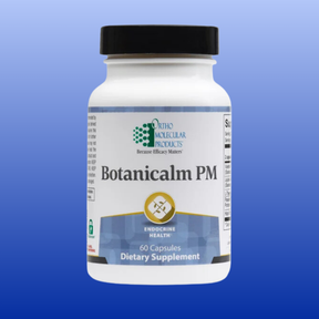 Bottle of Botanicalm PM dietary supplement with 60 capsules for sleep support by Ortho Molecular Products.