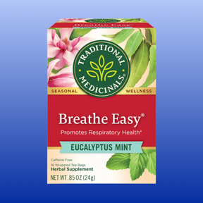 Traditional Medicinals Breathe Easy Eucalyptus Mint herbal tea box with 16 tea bags for respiratory health support
