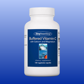 Bottle of Allergy Research Group Buffered Vitamin C dietary supplement with 120 vegetarian capsules on blue background
