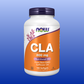 NOW brand CLA 800 mg softgels bottle made with non-GMO safflower oil dietary supplement