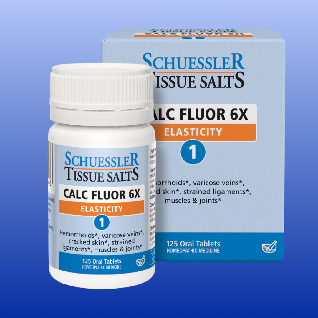 Calc Fluor 6X homeopathic tablets for elasticity, supports hemorrhoids, varicose veins, cracked skin, strained ligaments, muscles, joints.