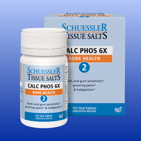 Bottle and box of Schuessler Tissue Salts Calc Phos 6X homeopathic tablets for bone health and tooth sensitivity