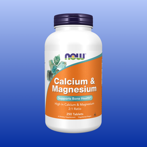 NOW Calcium & Magnesium supplement bottle with 250 tablets, supports bone health, high calcium and magnesium 2:1 ratio