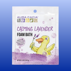 Aura Cacia Calming Lavender Foam Bath 2.5 oz packet with duck illustration and purple bubbles for kids bath time.