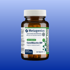Bottle of Metagenics CandiBactin-BR dietary supplement with 90 tablets for intestinal health support