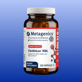 Bottle of Metagenics CardioLux HDL dietary supplement with 120 capsules supporting heart health and HDL function