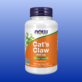 NOW brand Cat's Claw 500 mg herbal supplement bottle with 100 vegetarian capsules for joint health support
